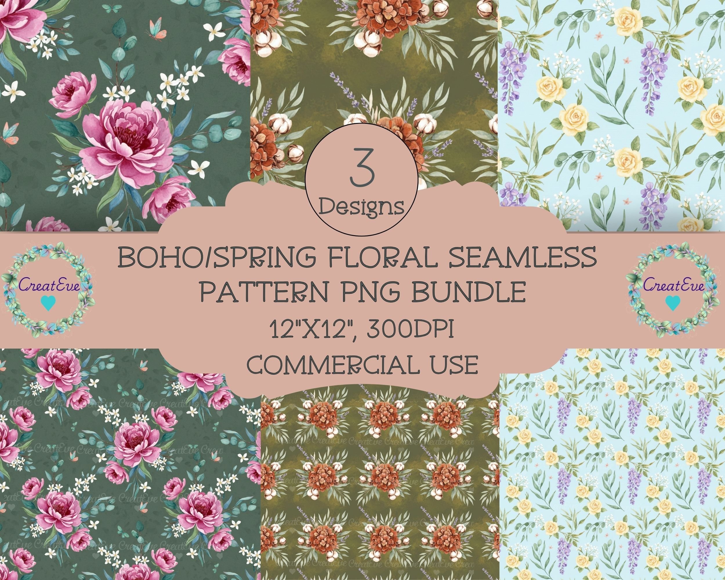 Boho Floral Seamless Pattern 12"x12" Commercial Use 3 Design PNG Bundle ...