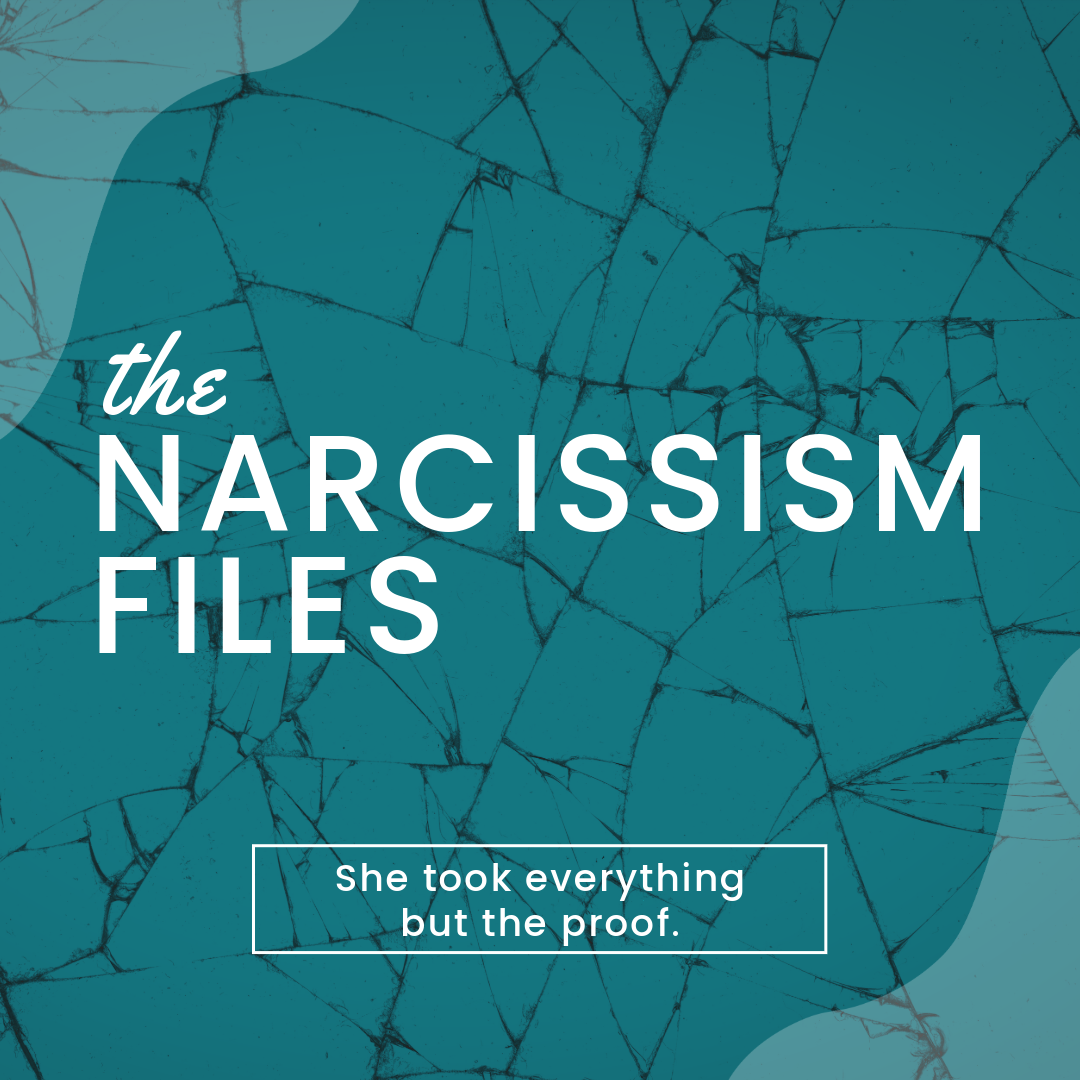 Cover page representing The Narcissism Files. Text reads "The Narcissism Files" on a mottled, teal background of broken glass.