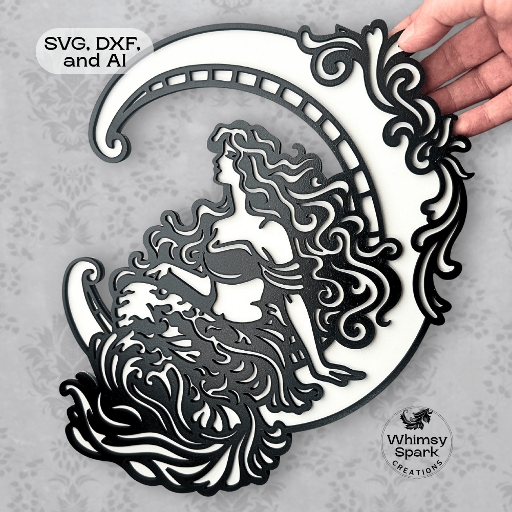 Art Nouveau style mermaid sitting on a crescent moon, layered laser cut SVG design for wall decor.