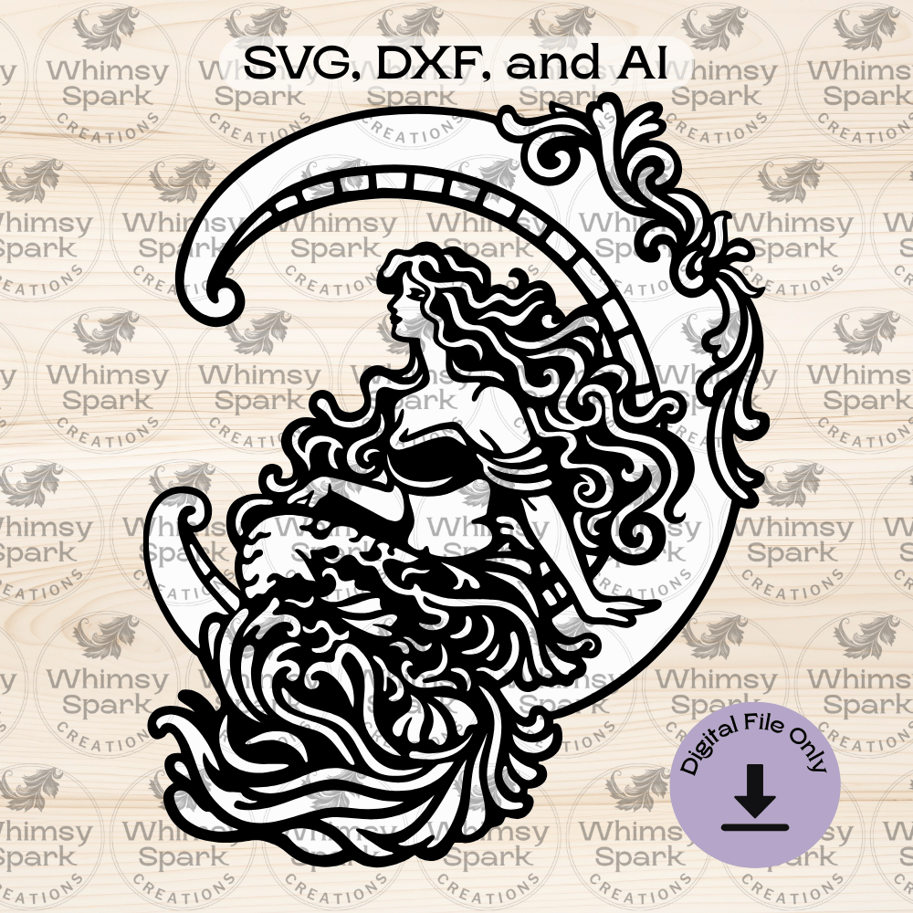 Art Nouveau style mermaid sitting on a crescent moon, layered laser cut SVG design for wall decor.