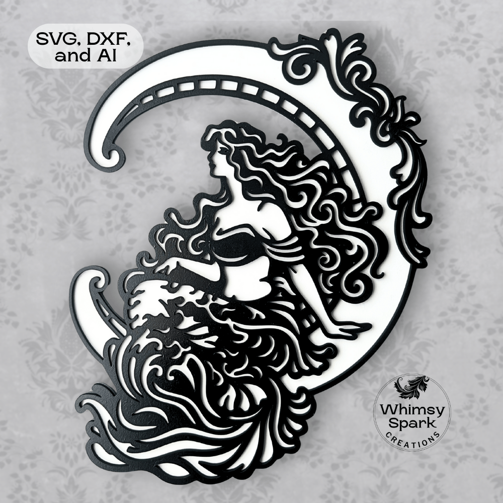 Art Nouveau style mermaid sitting on a crescent moon, layered laser cut SVG design for wall decor.