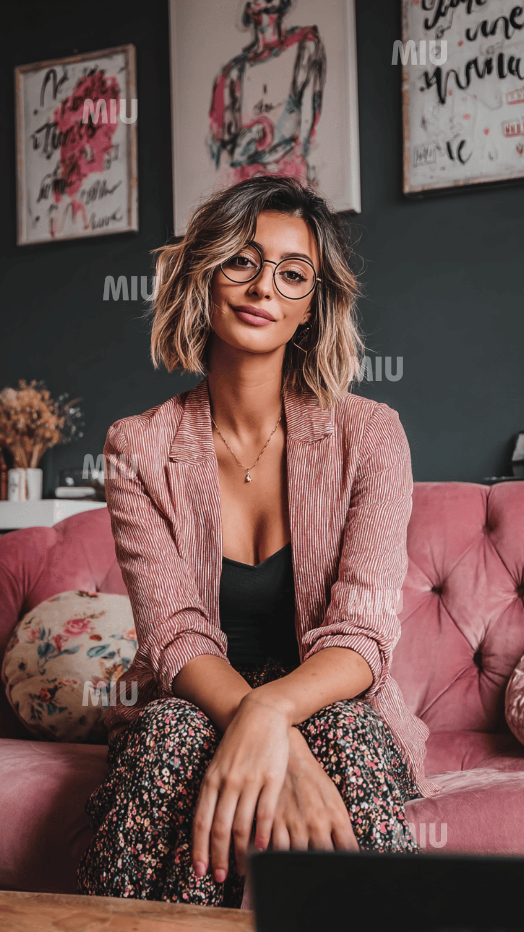 Visuel Instagram Story 1080x1920 d’une entrepreneuse élégante dans un décor rose inspirant