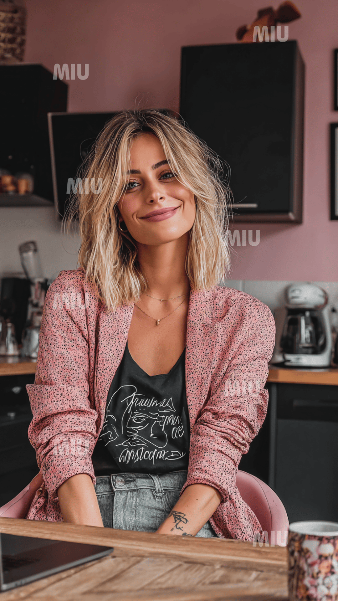 Visuel digital vertical d’une entrepreneuse lifestyle assise dans un intérieur chaleureux et artistique