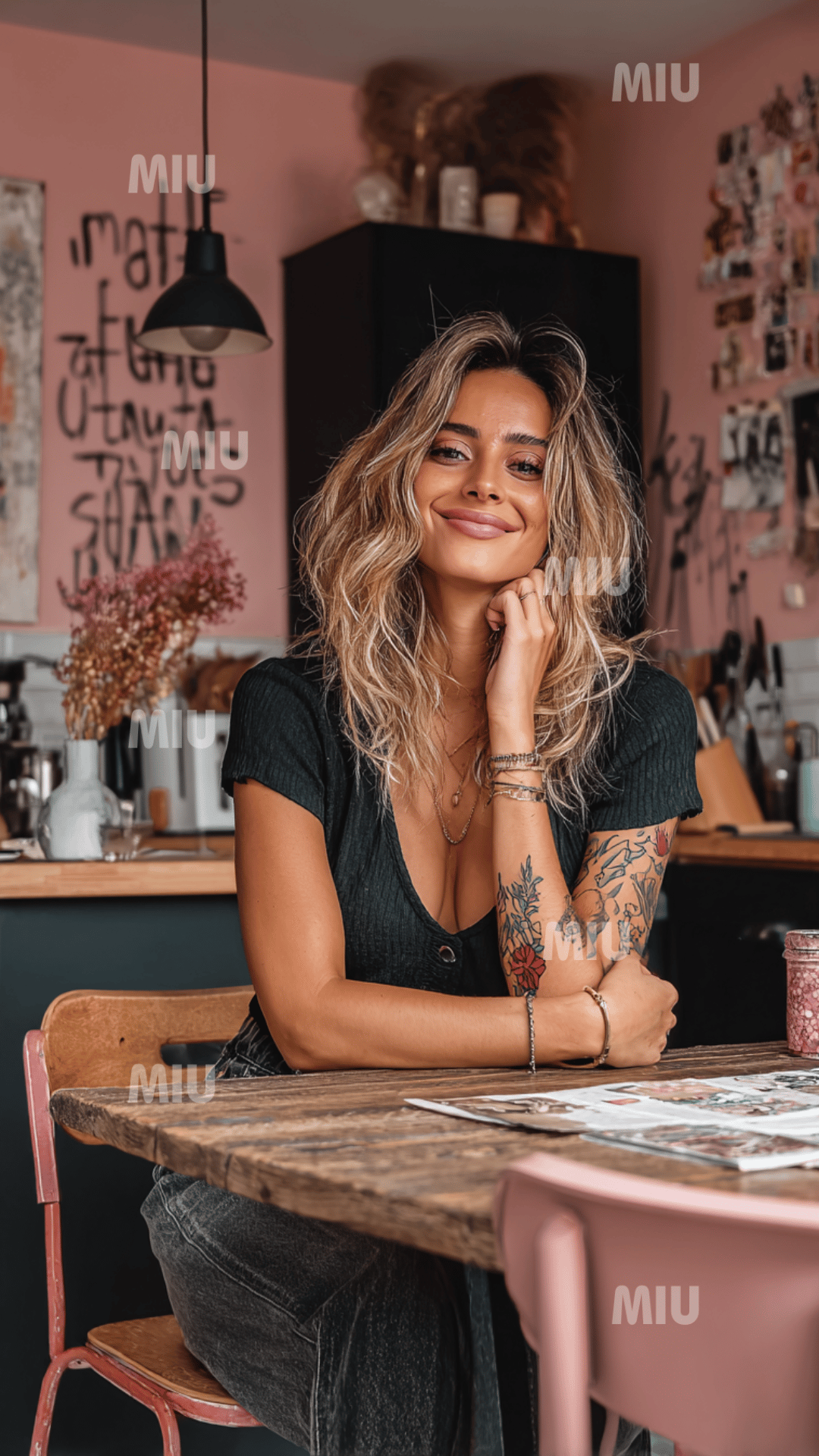 Visuel pour Stories Instagram représentant une entrepreneuse confiante dans un atelier créatif rose