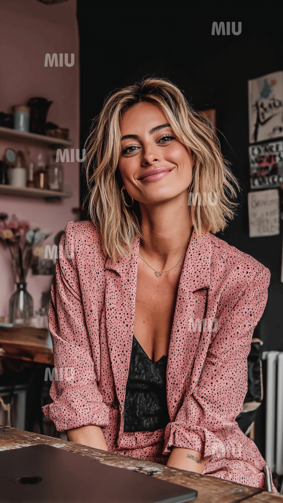 Image verticale Reels d’une entrepreneuse souriante dans un décor lifestyle et artistique