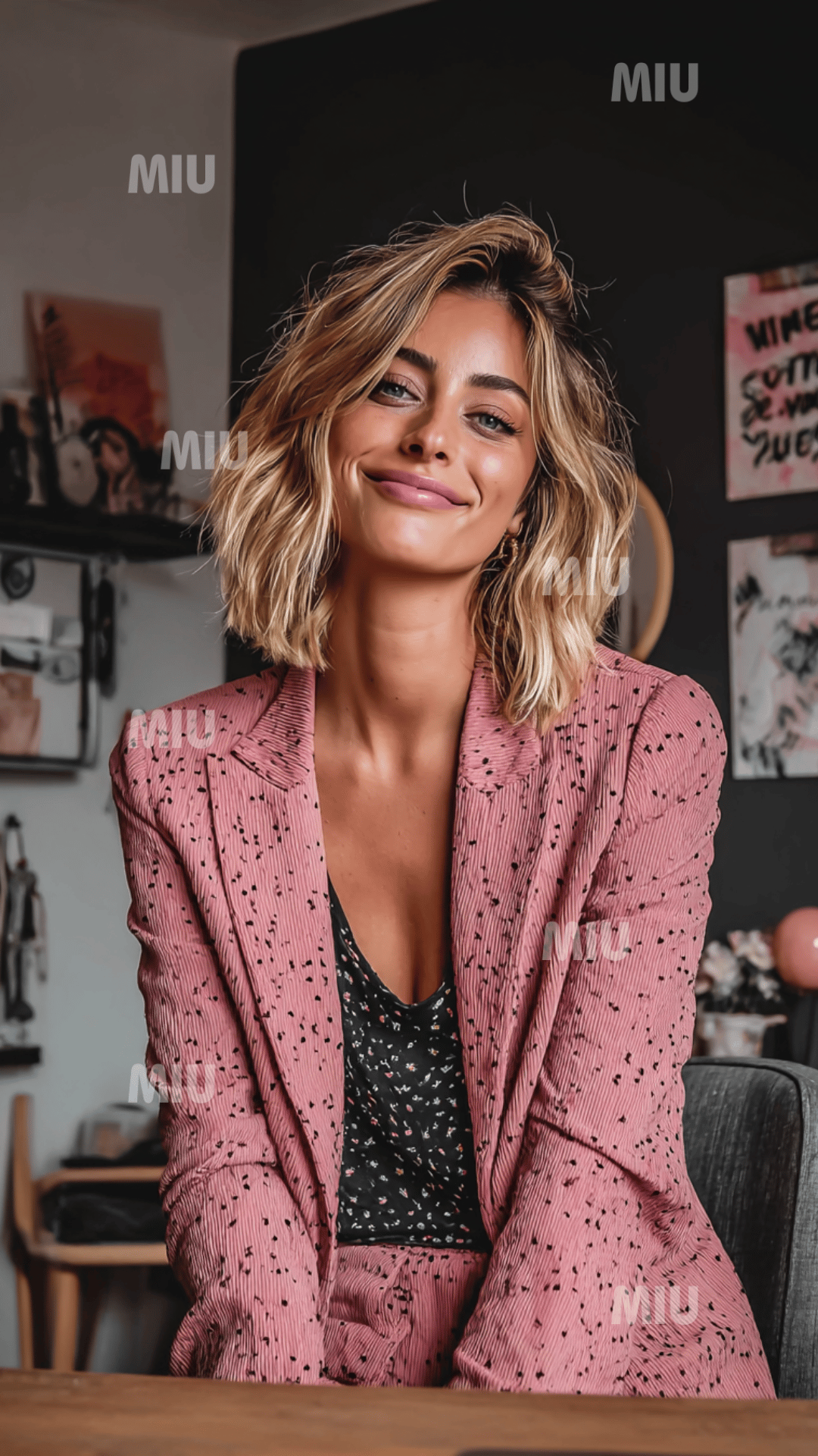 Visuel vertical 1080x1920 d’une entrepreneuse souriante assise à une table avec ordinateur dans un café créatif rose