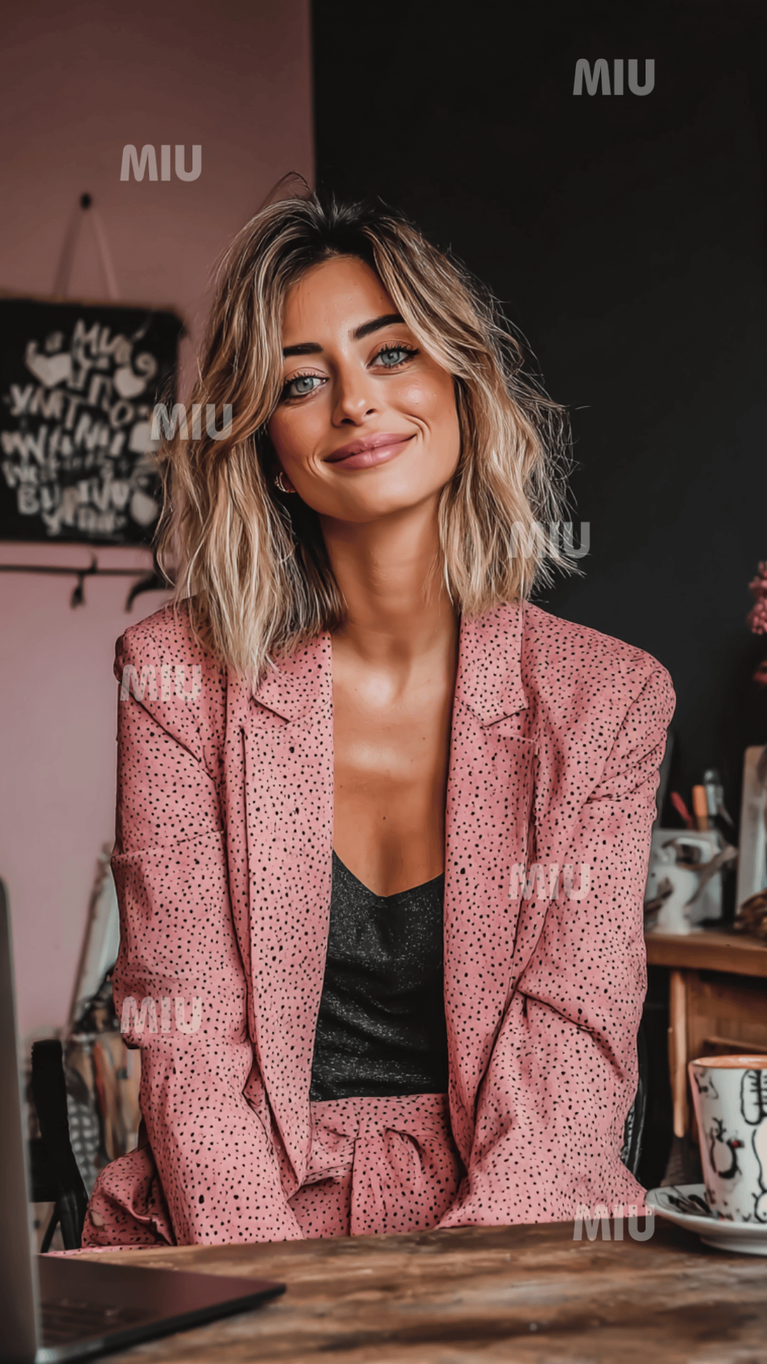 Portrait vertical d’une entrepreneuse moderne en tenue rose dans un intérieur lifestyle et artistique