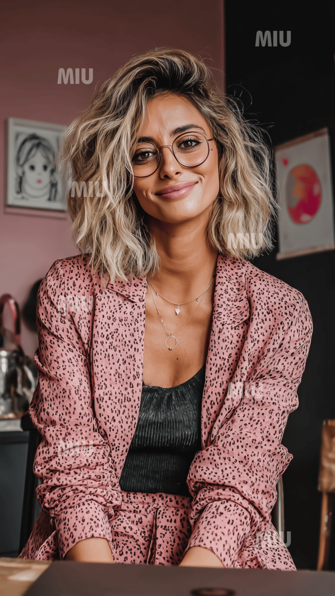 Visuel digital vertical d’une entrepreneuse moderne avec lunettes dans un univers créatif et professionnel