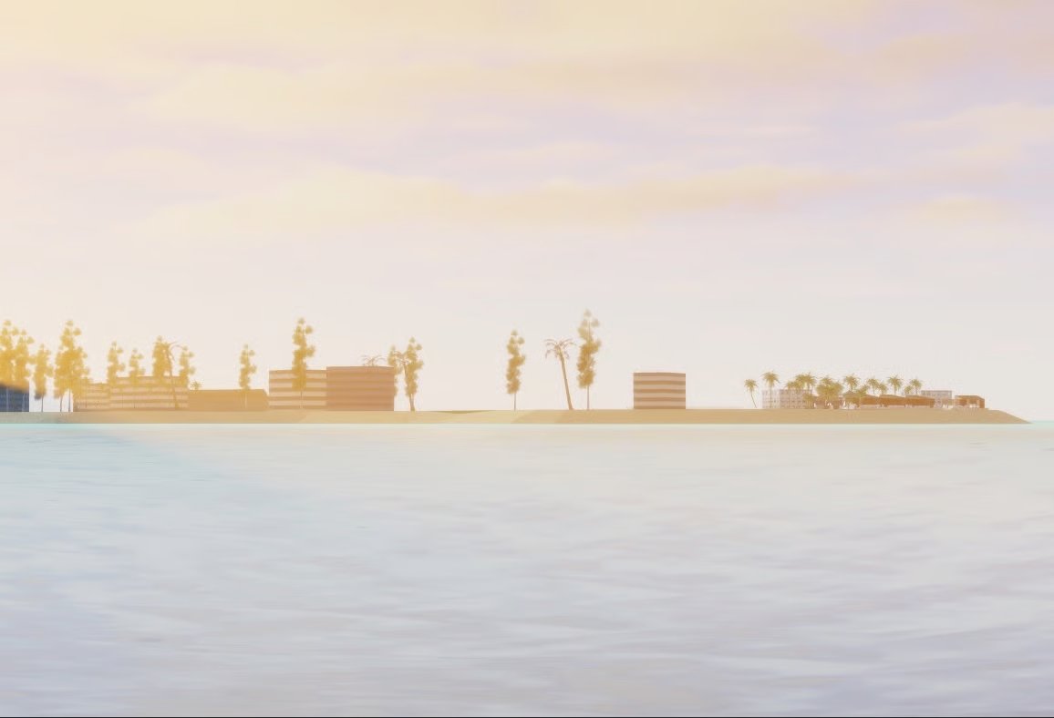 Wide aerial view of a tropical waterfront terminal in Roblox