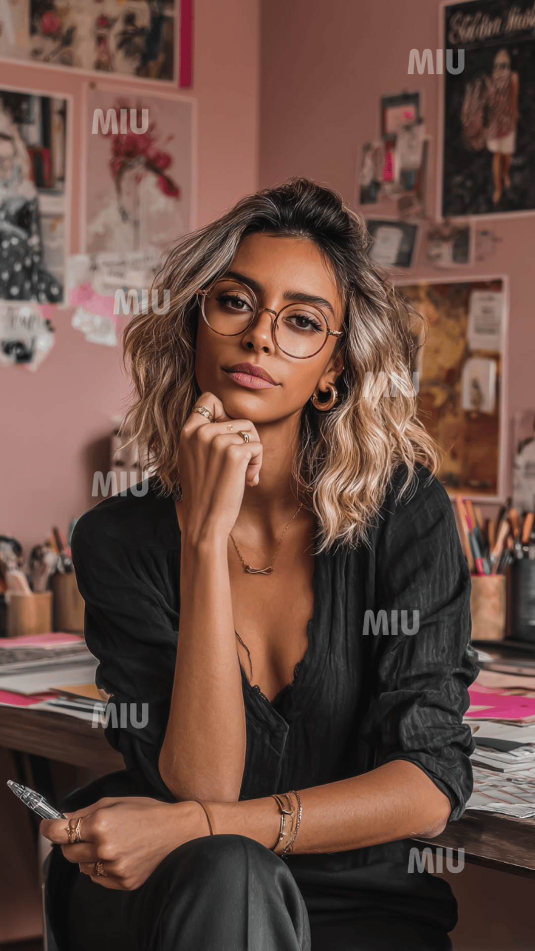 Image verticale Reels d’une entrepreneuse souriante dans un espace de travail artistique rose