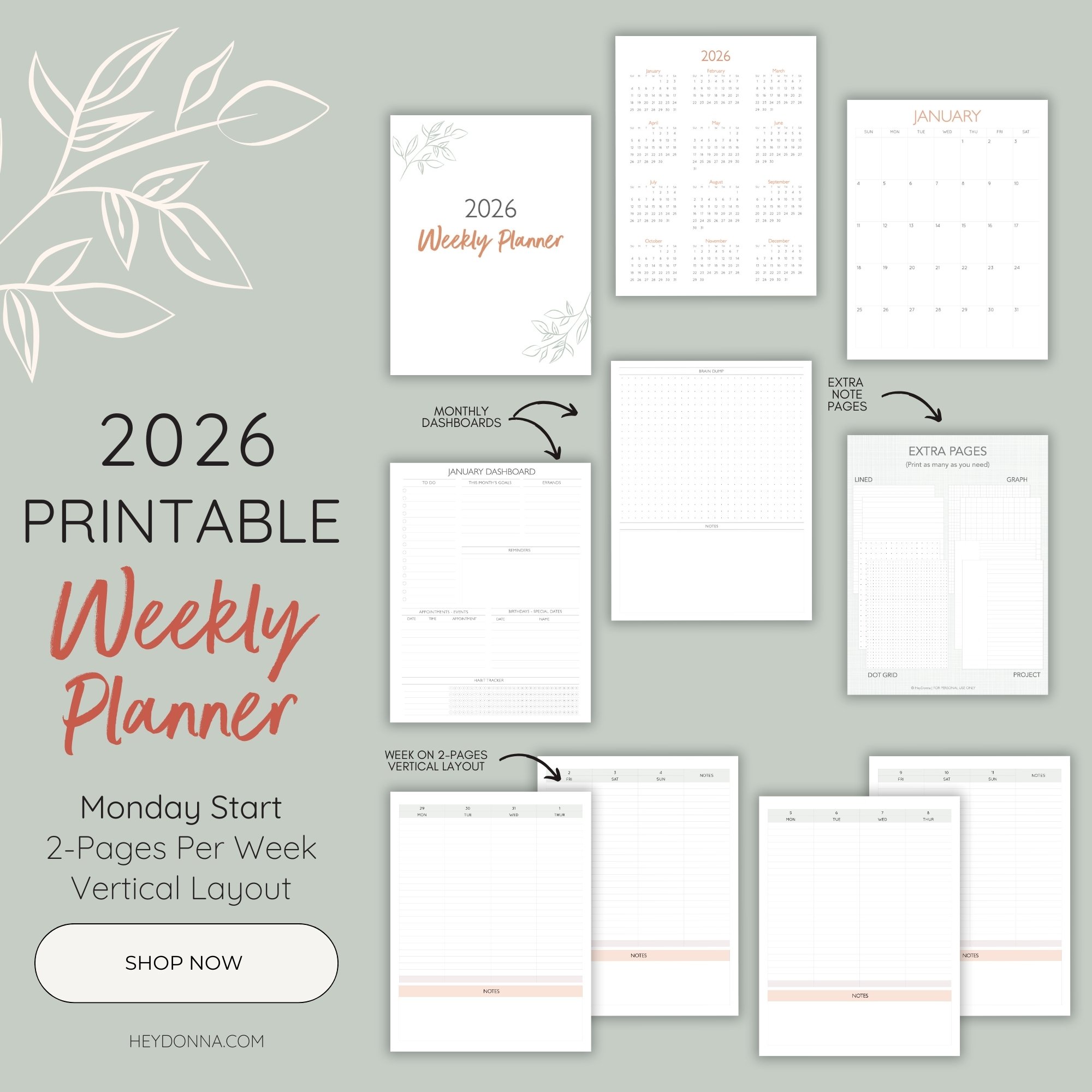 2026 Weekly Planner - Week on 2 Pages - Monday Start - Vertical Layout ...