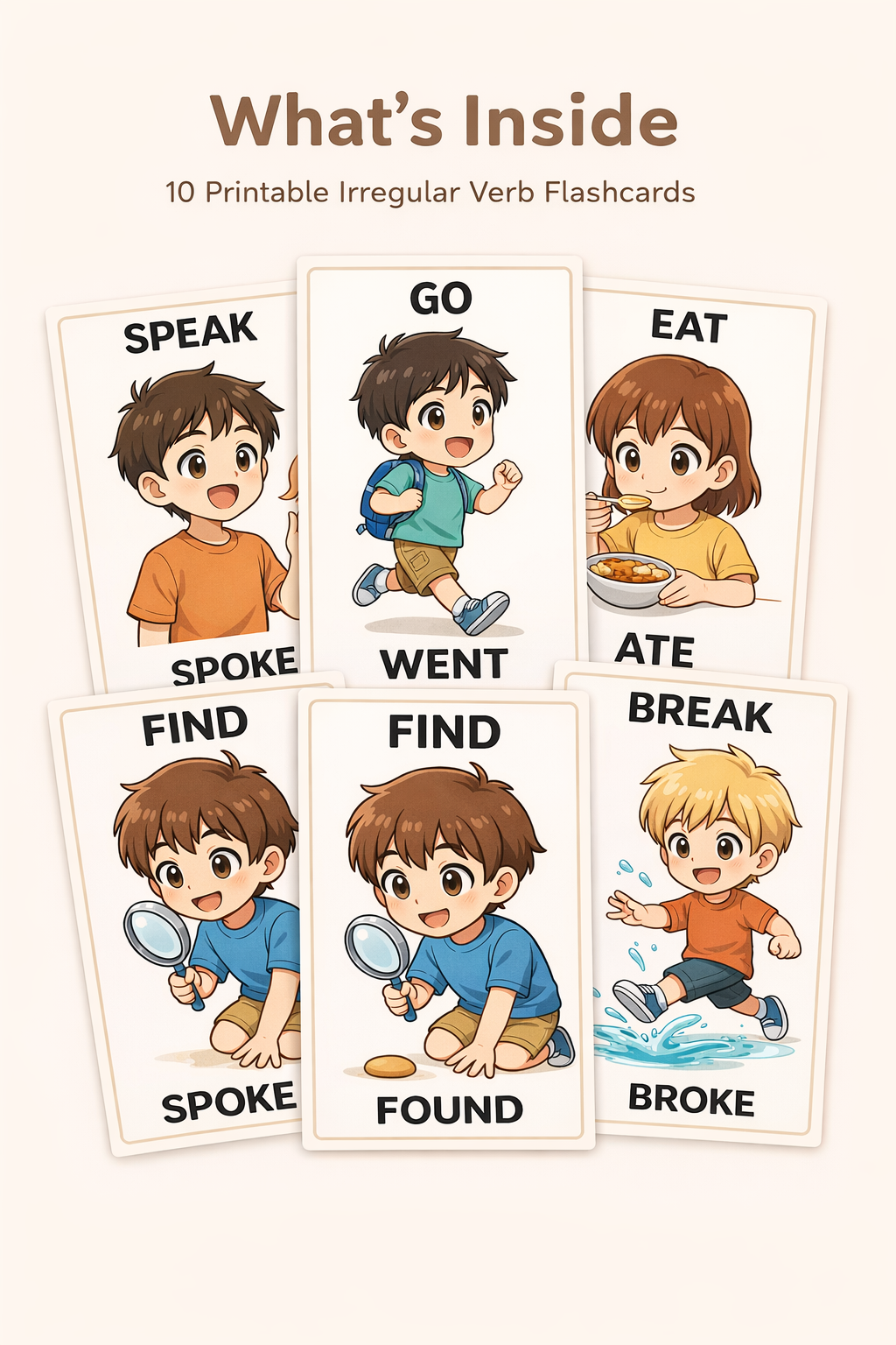 Irregular Verbs Made Easy – Anime Flashcards for Kids (Ages 6–8)