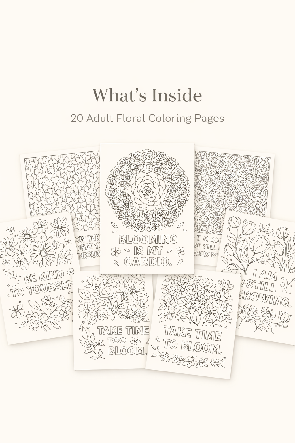 Bloom & Reflect – Adult Floral Coloring Sheets for Stress Relief (20 Printable Pages with Inspiring Quotes)