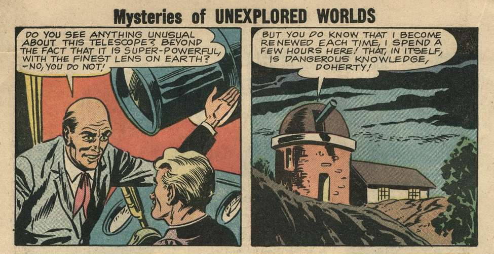Two panels from a 1950s Charlton comic book showing an astronomer pointing to a large telescope and a view of a hilltop observatory at night, serving as the original source art for The Green Star escape room.