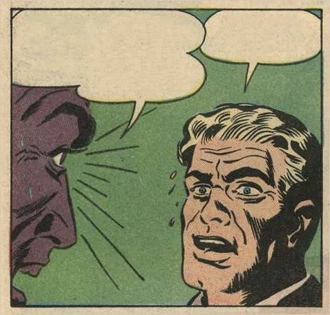 A close up comic book panel from The Green Star showing a shocked character and a mysterious figure with empty speech bubbles. This illustrates the process of removing original text to create a new escape room story.