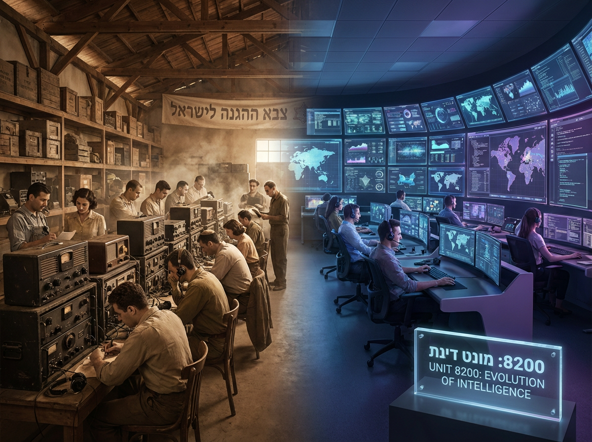 Photorealistic, ultra-detailed 8k image: The interior of a 1952 Israel warehouse, depicting twelve technicians intensely focused on operating vintage British and American surplus radios. Transition seamlessly into a modern cyber operations room of Unit 8200, complete with advanced technology and operators analyzing complex data on multiple screens. Emphasize historical espionage elements and contemporary innovations, using perfect lighting to craft a nostalgic yet technologically advanced atmosphere. The image highlights the organization's evolution and global impact from its inception to the present.