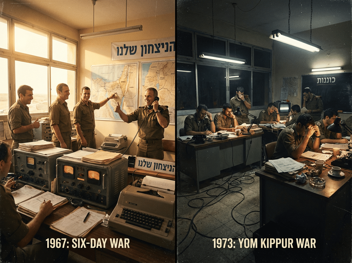 Photorealistic style, ultra-detailed 8k image: A split-scene composition capturing Israel's Unit 8200 during the Six-Day and Yom Kippur Wars. On the left, a vibrant 1967 command room where intelligence officers celebrate military successes, utilizing vintage radios, surrounded by maps and documents. Light beams through, highlighting precision and triumph. On the right, a tense 1973 operations room filled with anxious officers, frantically analyzing data amid apparent disarray. Dim lighting and shadows emphasize chaos and urgency. The contrast in lighting and mood underscores the organization's shift from triumph to catastrophe, providing historical richness and emotional depth.
