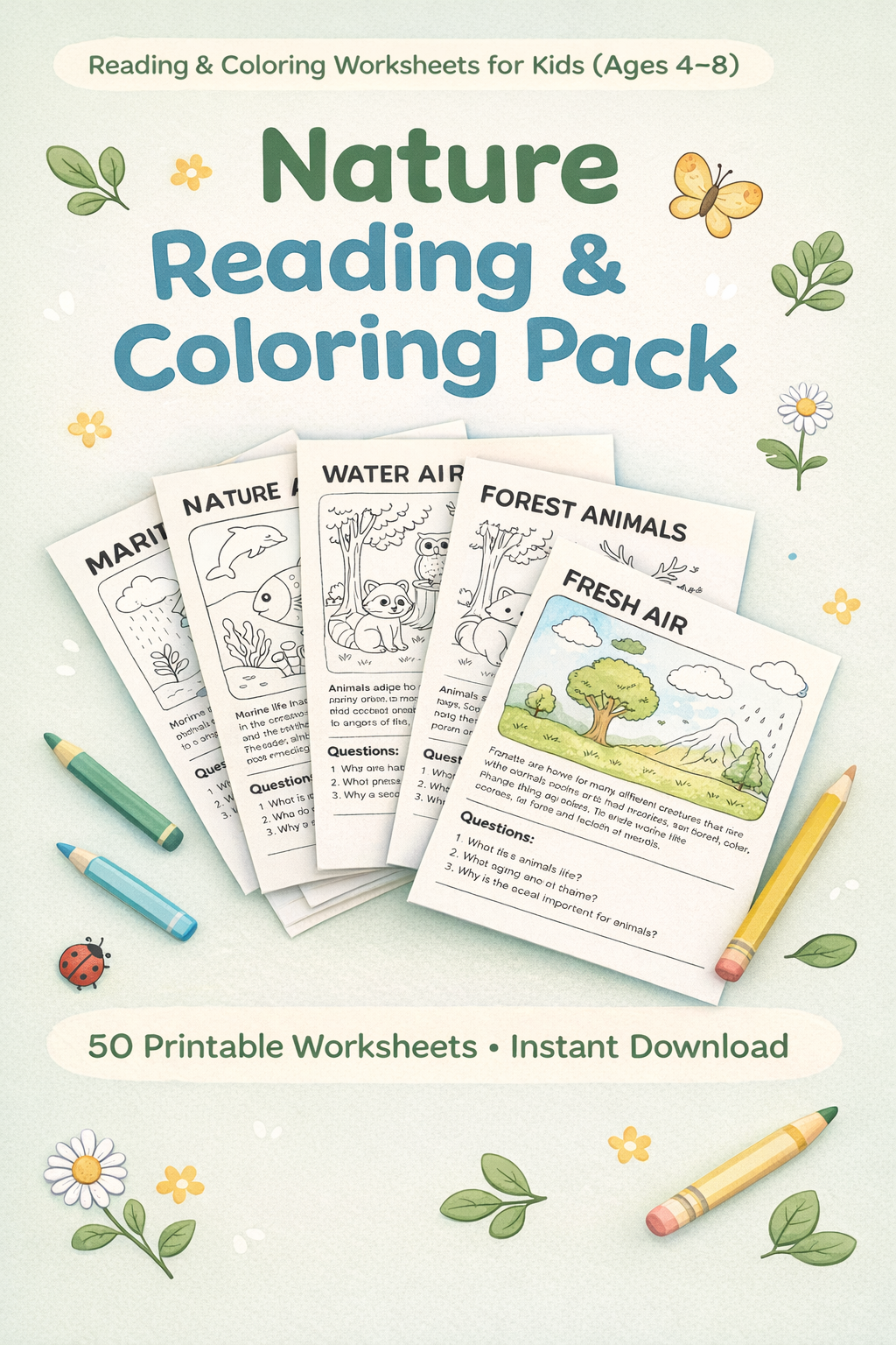 Nature Reading & Coloring Pack for Kids (Ages 4–8)