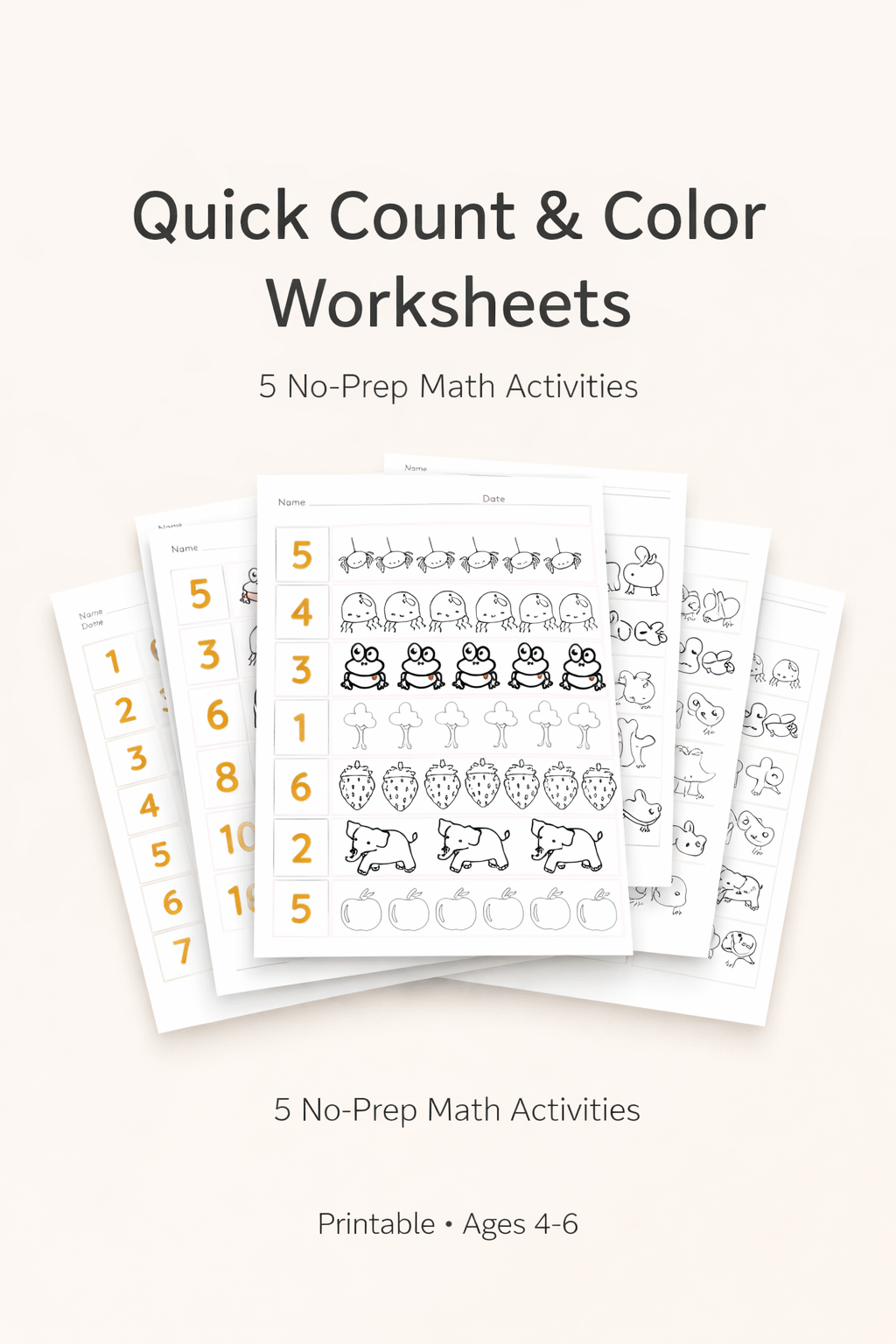 Quick Count & Color Worksheets - 5 No-Prep Math Activities for Ages 4–6