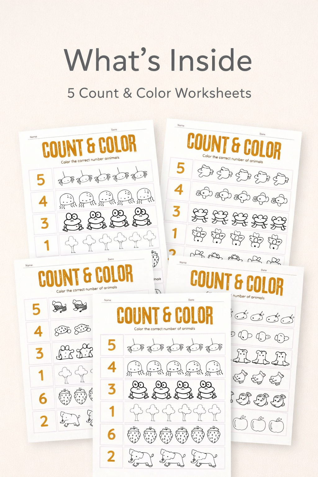 Quick Count & Color Worksheets - 5 No-Prep Math Activities for Ages 4–6