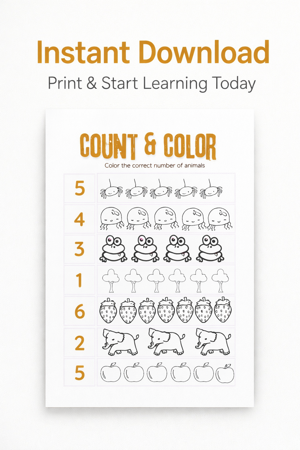 Quick Count & Color Worksheets - 5 No-Prep Math Activities for Ages 4–6