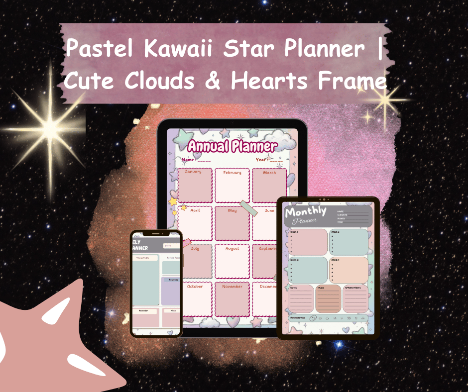 Pastel Kawaii Star Planner | Cute Clouds & Hearts Frame - Payhip