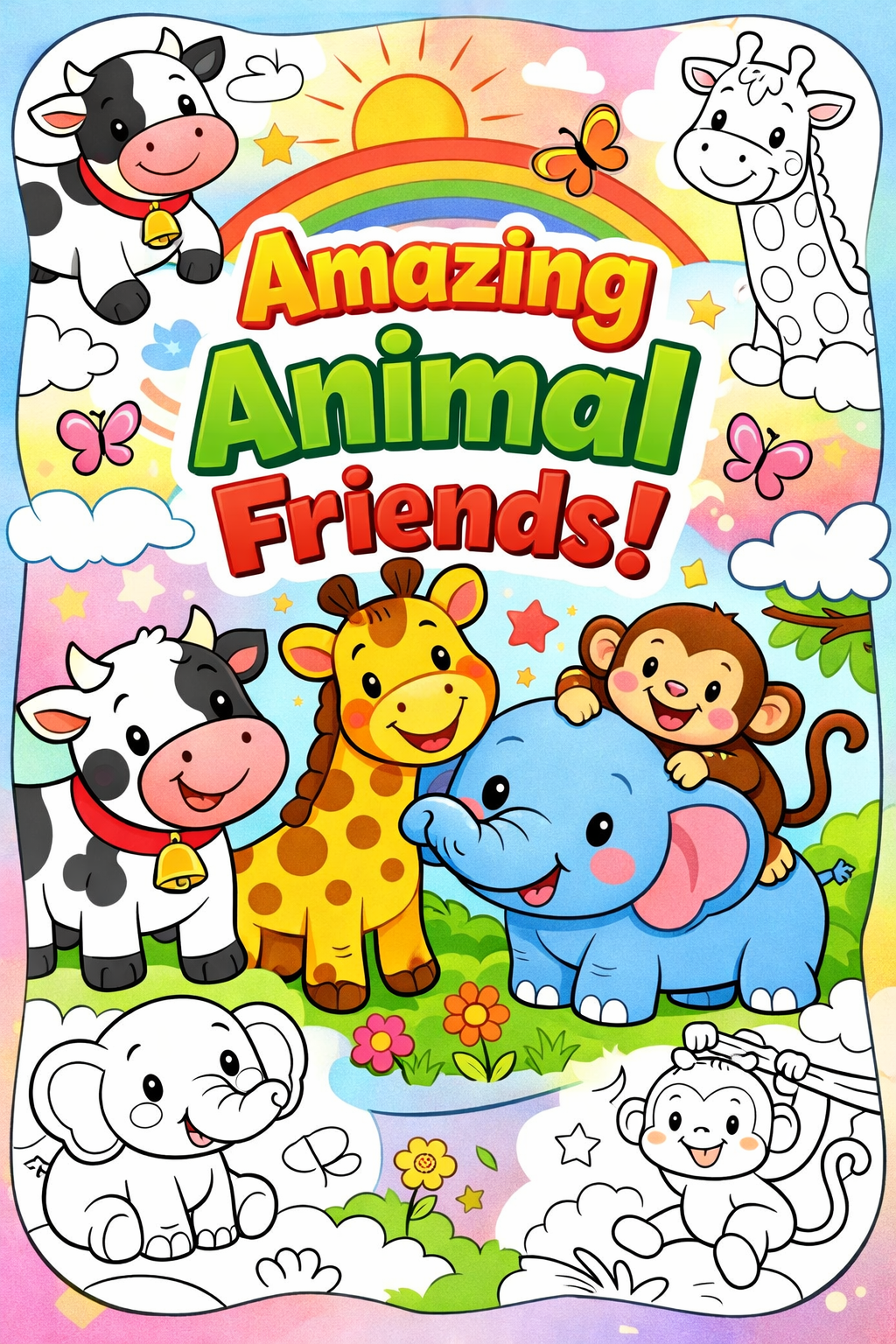 Colorful animal coloring book cover for kids featuring cute cartoon cow, giraffe, elephant, and monkey with playful text, printable kids coloring book PDF.