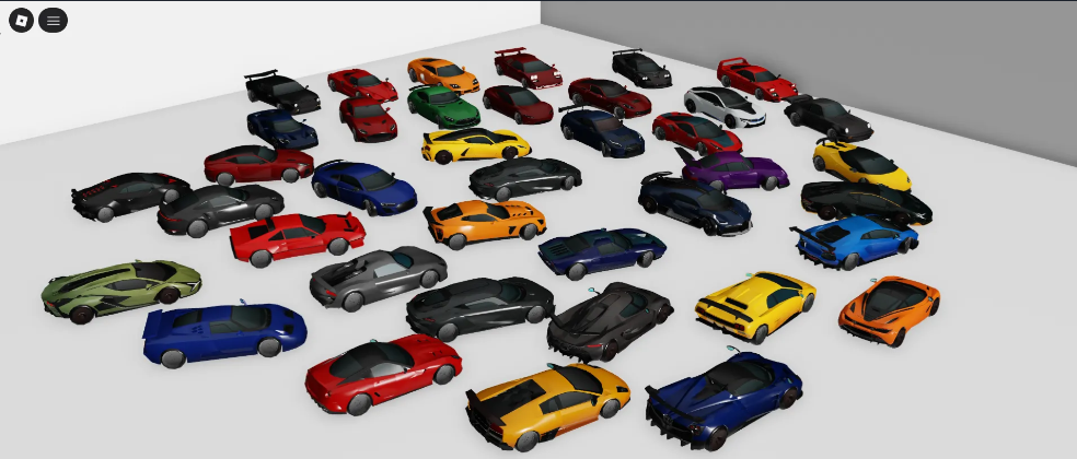 Row of stylish low-poly sport cars in urban Roblox environment