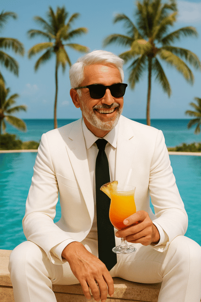 coach mit sonnebrille im weissen anzug  mit cocktail sitzt am pool in der karibik