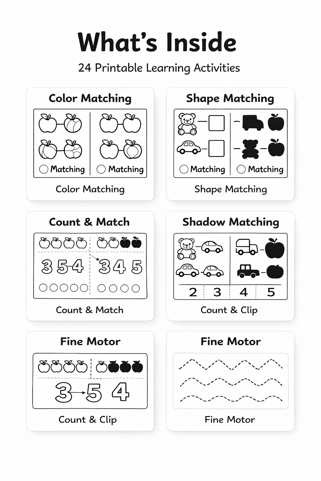 Preschool Busy Binder Printable - 24 Learning Activities for Ages 3–5 (Black & White PDF)