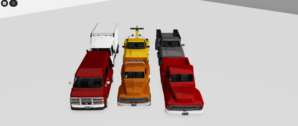 Group of six rural trucks in a Roblox map