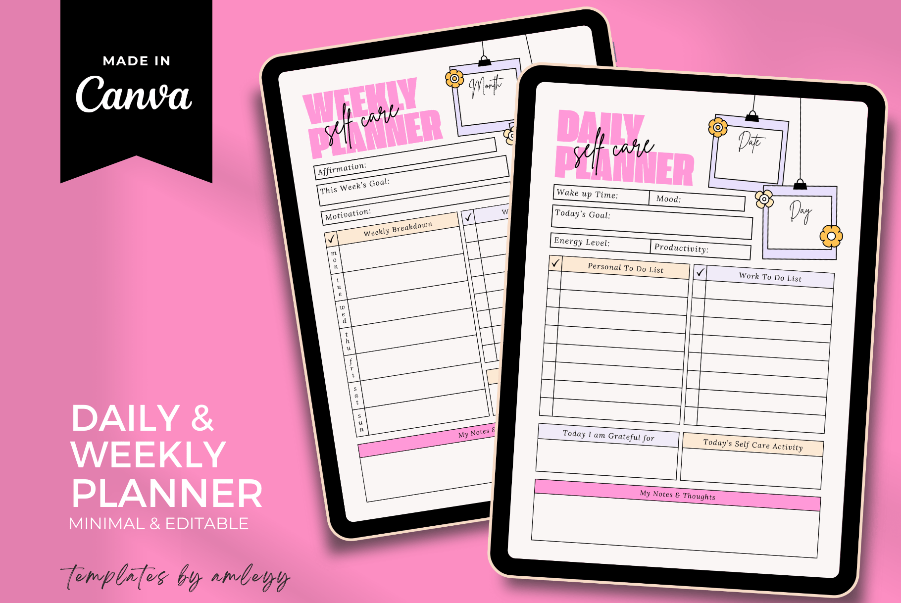 Aesthetic Daily & Weekly Self-Care Planner Canva Template | Editable ...