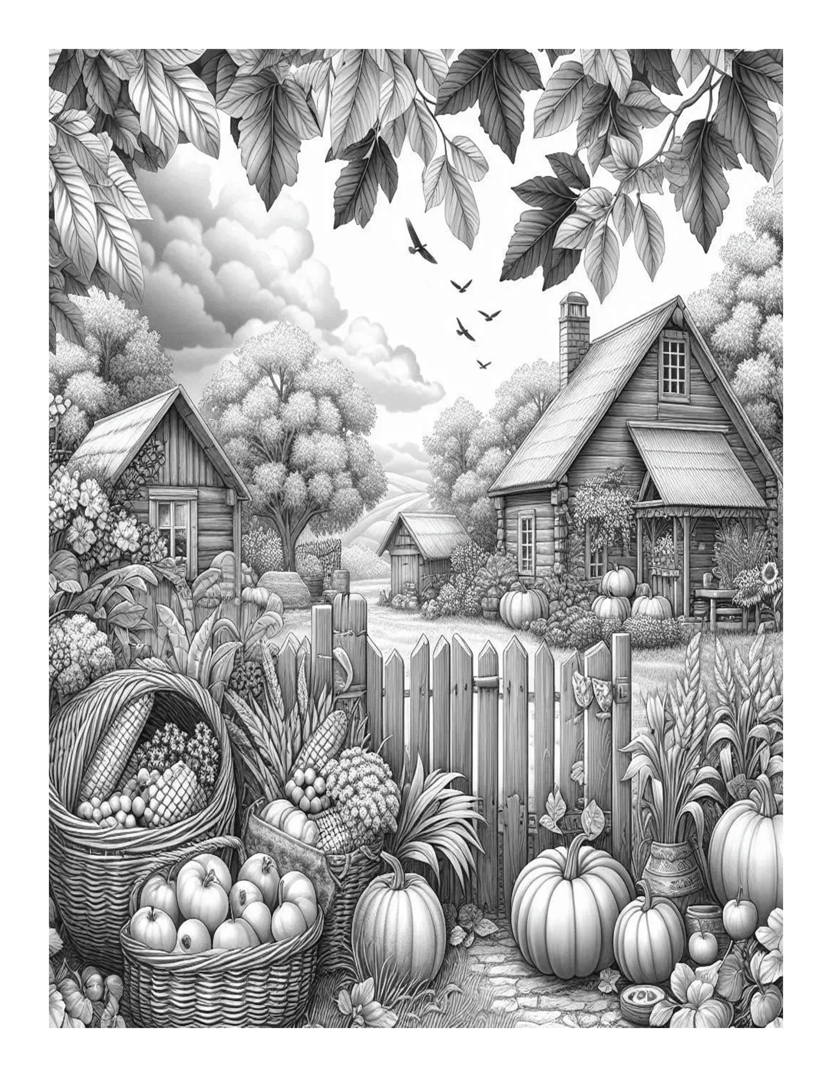 Grayscale Autumn Harvest Scenes Coloring Pages for Adults: Features 25 ...