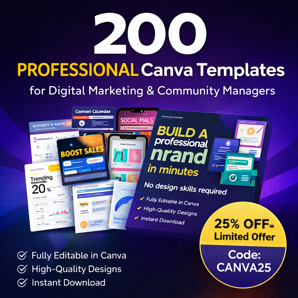 200 professional Canva templates for digital marketing and community managers with editable social media designs and 25% discount code