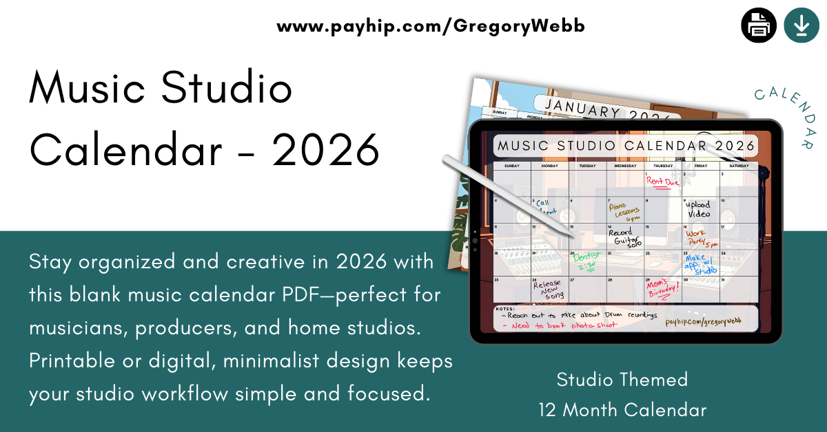Music Studio Calendar 2026 – Blank PDF, Printable & Digital Planner Full-year blank calendar for musicians, producers, composers, and home studios. Track studio sessions, songwriting, rehearsals, and music projects. Printable or digital, minimalist music studio design.