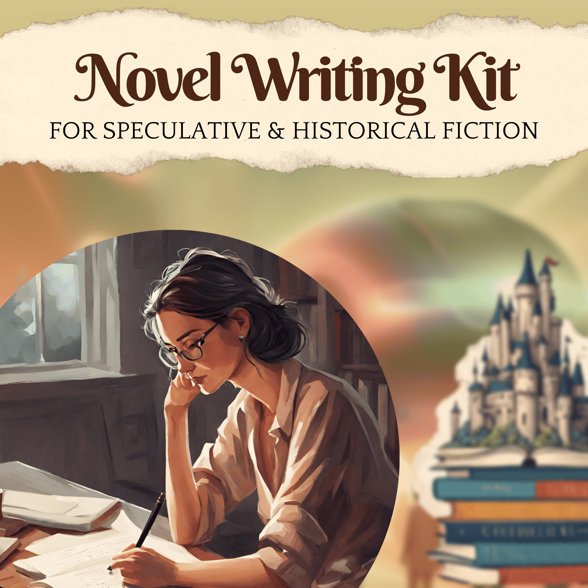 Woman sat at her desk writing, with an image of a castle and a futuristic train in the background