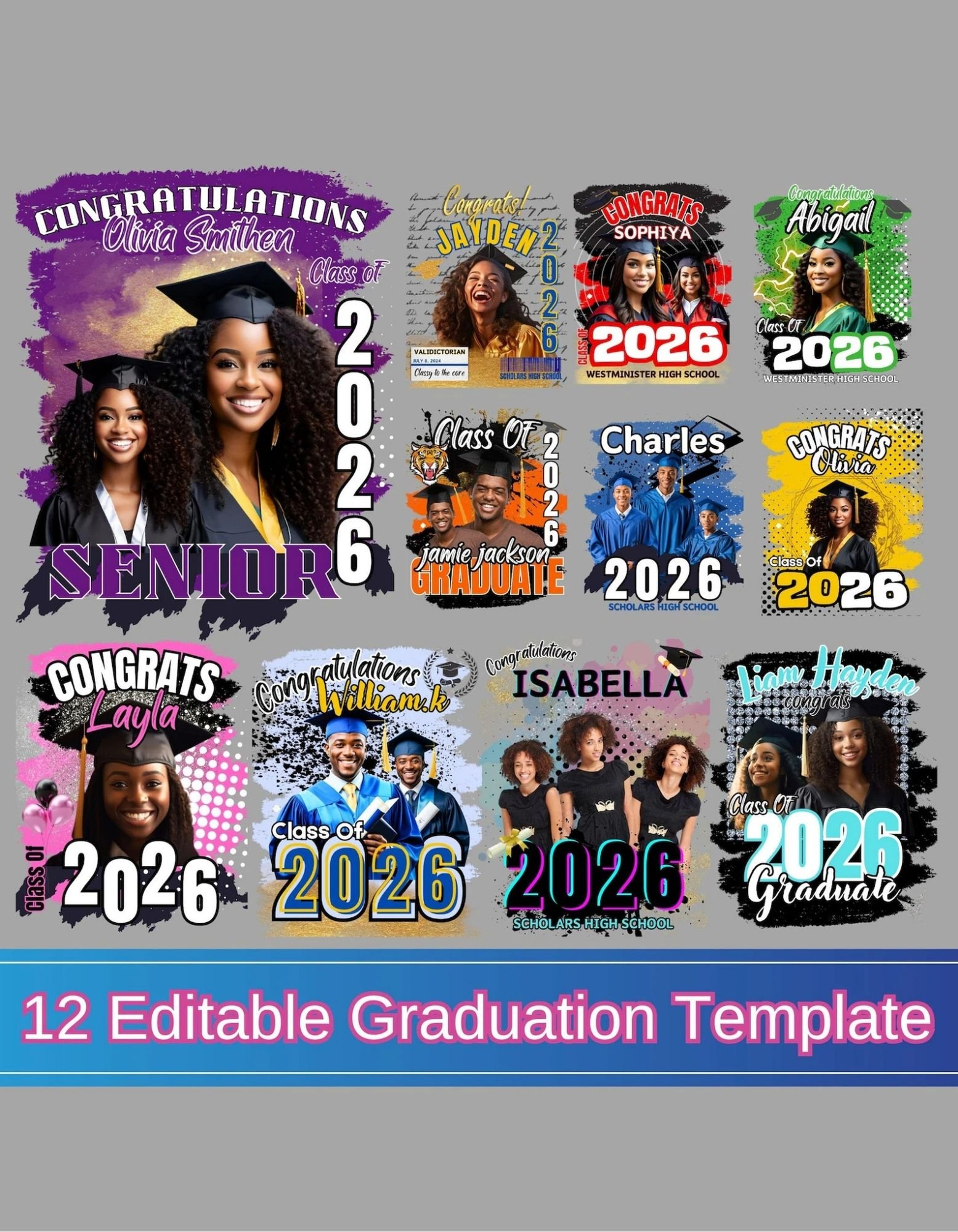 Class of 2026 Graduation Bundle, 12 Editable Canva Senior Templates ...