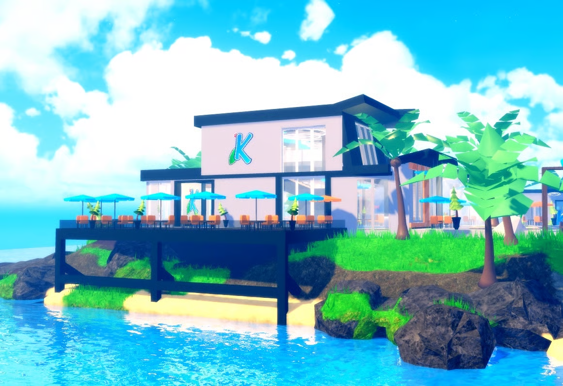 Atmospheric Roblox island lounge and juice bar atmosphere