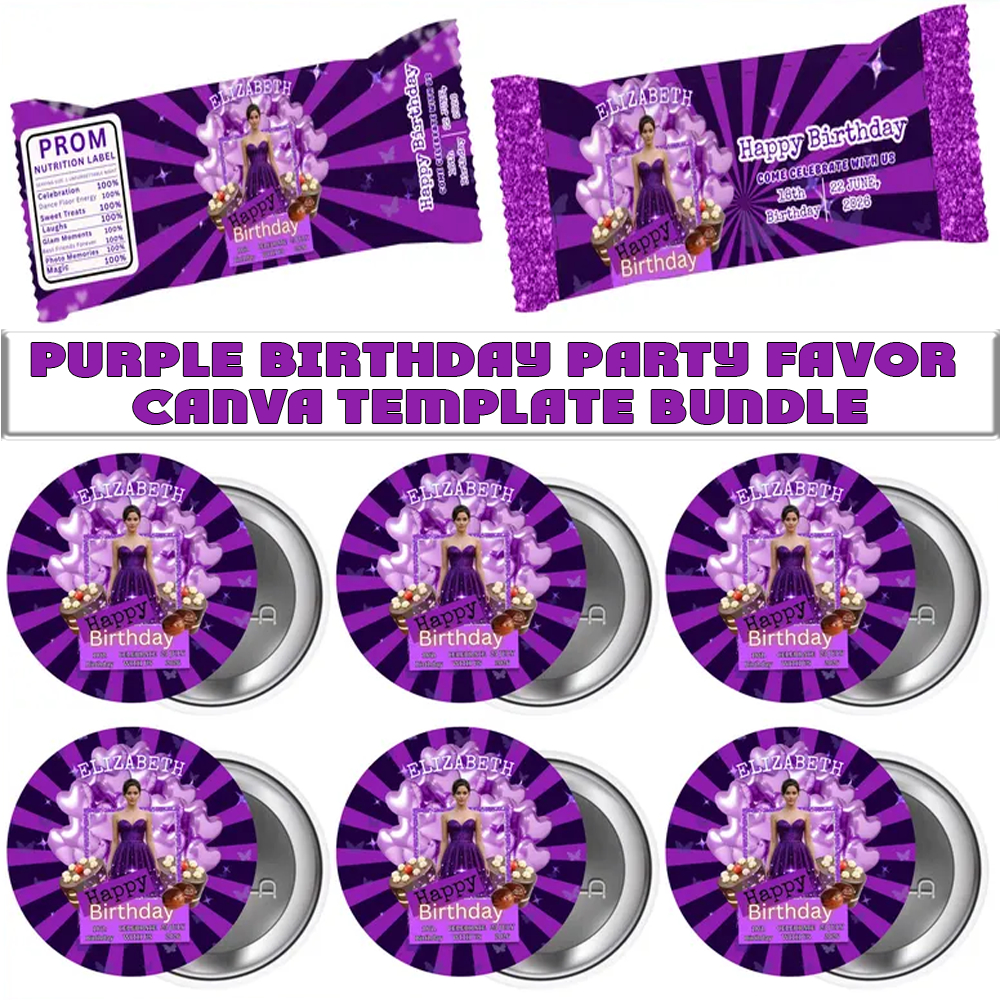 red birthday party favors birthday party favor bundle canva party favor template editable birthday favors birthday chip bag template drink pouch canva template gable box template rice krispy wrapper template birthday pin button design birthday party print