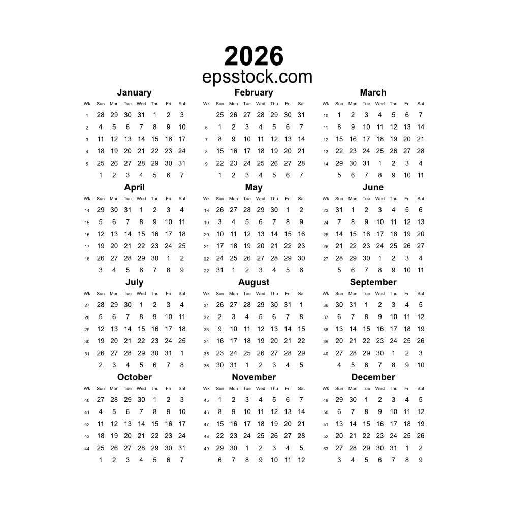 2026 year english vector calendar with week numbers