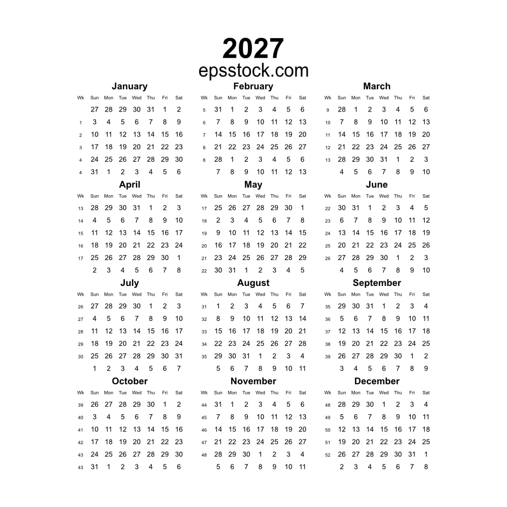 2027 year english vector calendar with week numbers