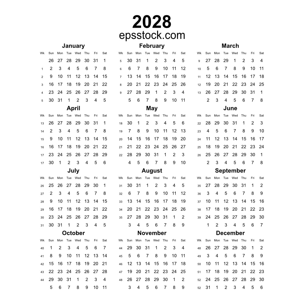 2028 year english vector calendar with week numbers