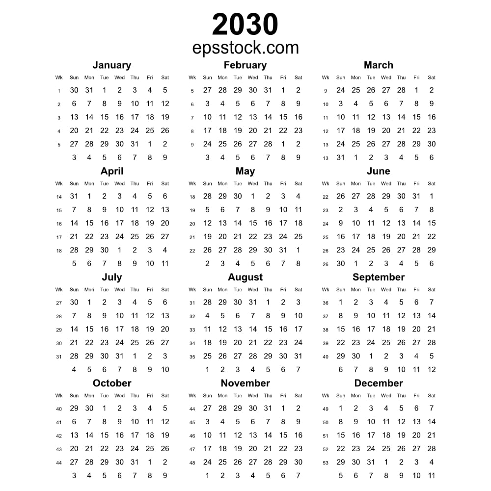 2030 year english vector calendar with week numbers