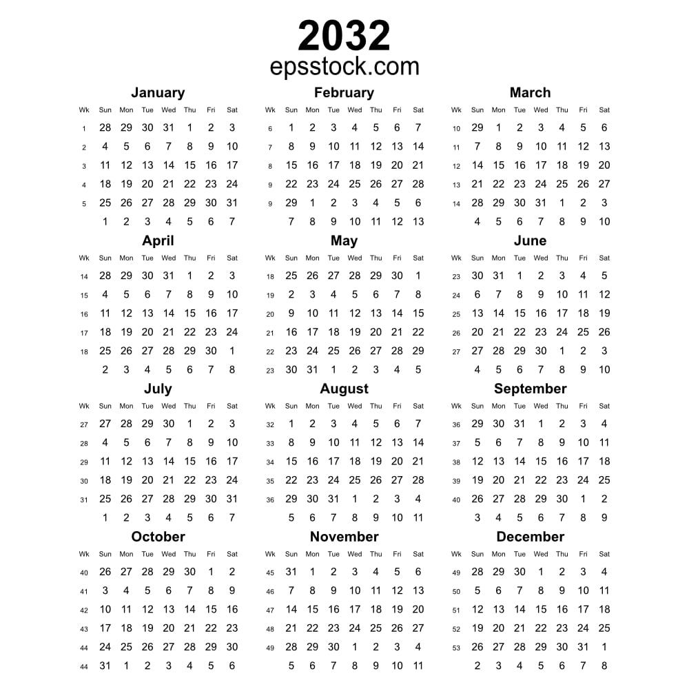 2032 year english vector calendar with week numbers
