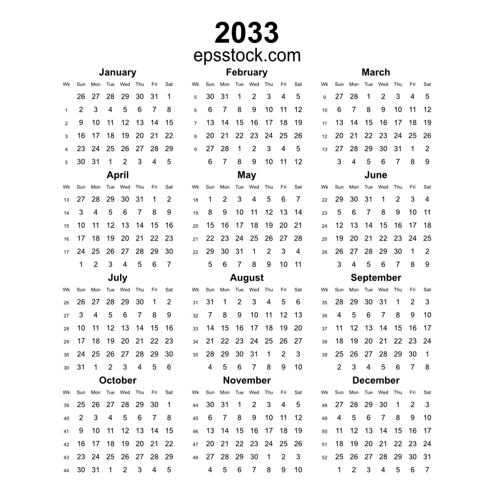 2033 year english vector calendar with week numbers