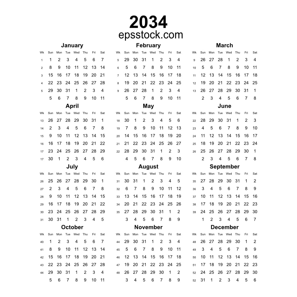 2034 year english vector calendar with week numbers