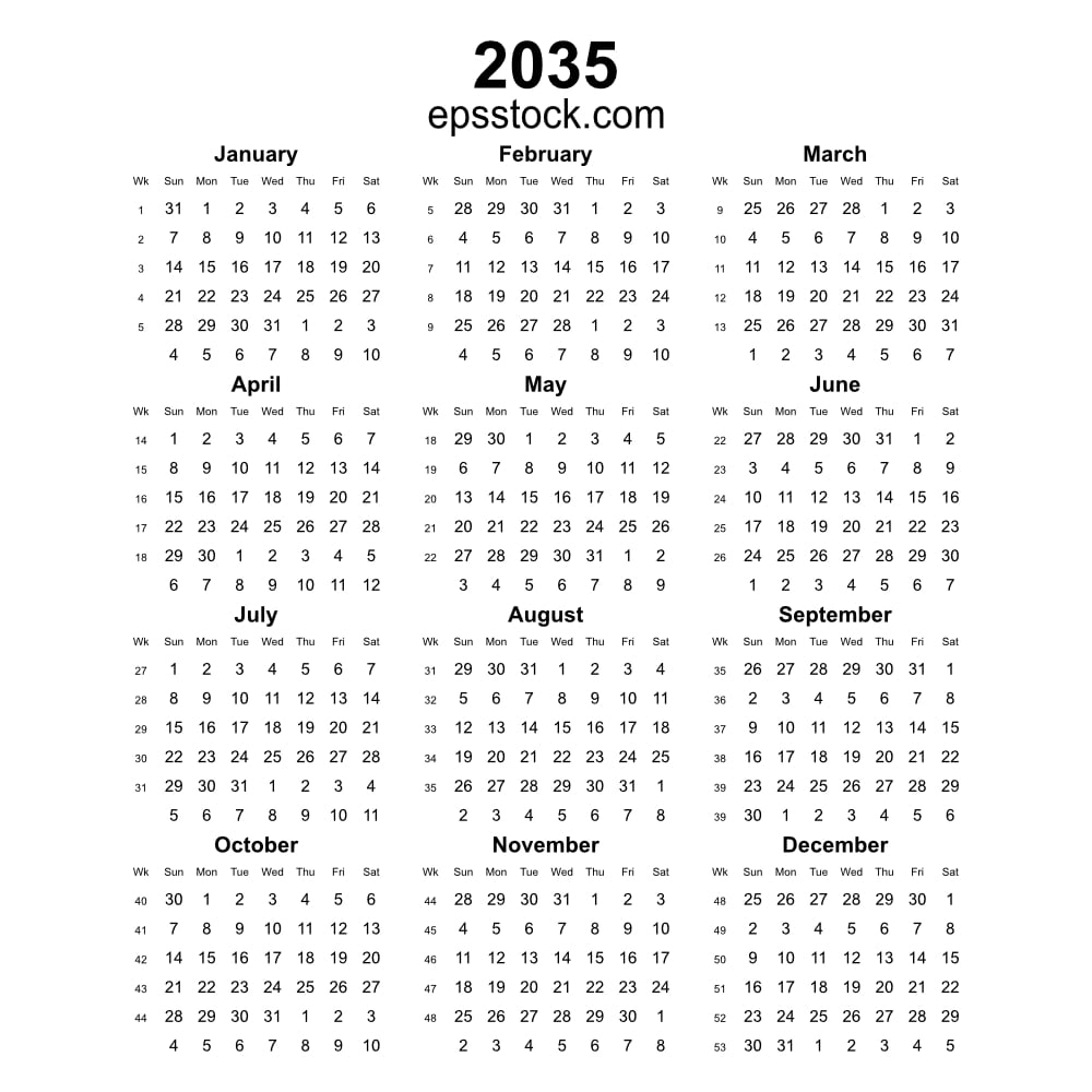 2035 year english vector calendar with week numbers