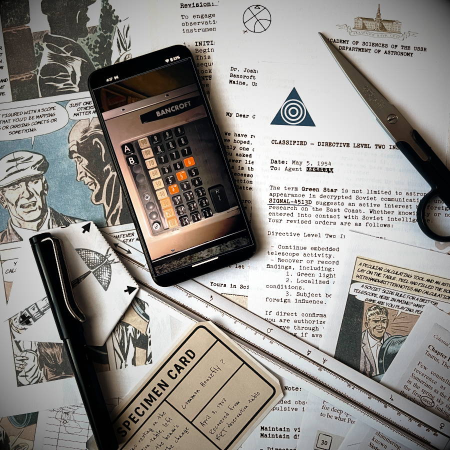 A dramatic scene showing the physical components of the Green Star printable escape room game: vintage 1950s clues, scissors, and a slide rule, alongside a smartphone running the interactive Bancroft Telescope companion app.