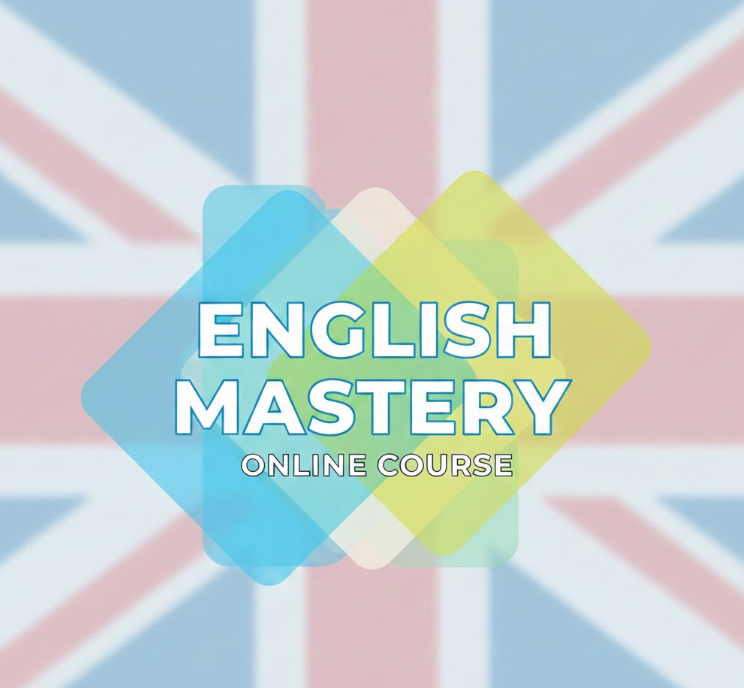 English Mastery course cover with English flag in the background, modern and professional design, beginner-friendly online English learning course