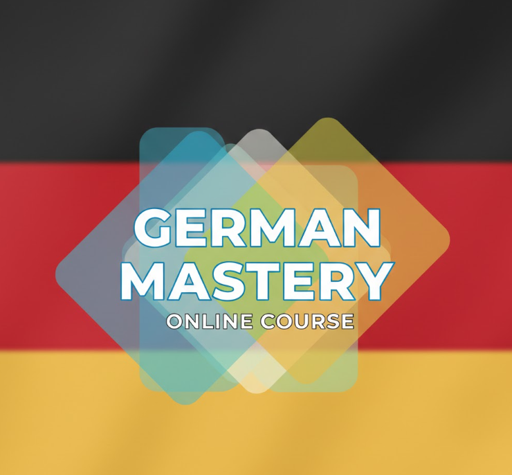 German Mastery course cover with German flag in the background, professional and beginner-friendly design, online German learning course